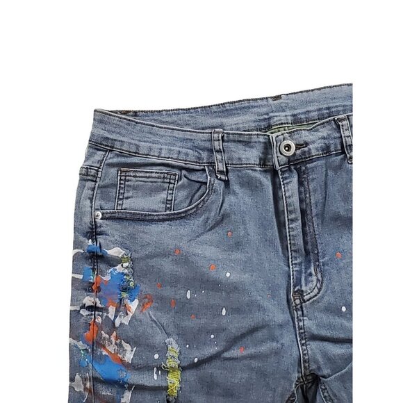 Shein  Size 34 Paint Splash Green Fiber Distressed Ripped Light Wash Jeans Blue - Picture 3 of 9